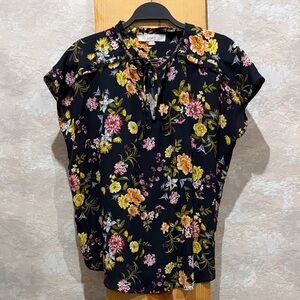 LOFT Black Floral Tie-Neck Cap Sleeve Top